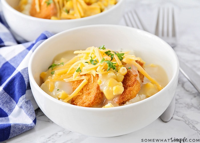 Two Chicken and Mashed Potato Bowls on a counter made using this KFC copycat recipe