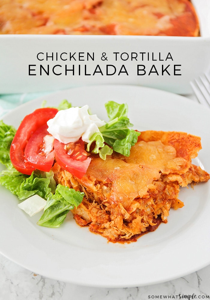 This recipe for Chicken Enchilada Casserole has all the great flavors of our favorite enchiladas, but it is in a casserole form, which is super easy to toss together! #chicken #chickenenchiladas #easyenchiladas #enchikadacasserole via @somewhatsimple