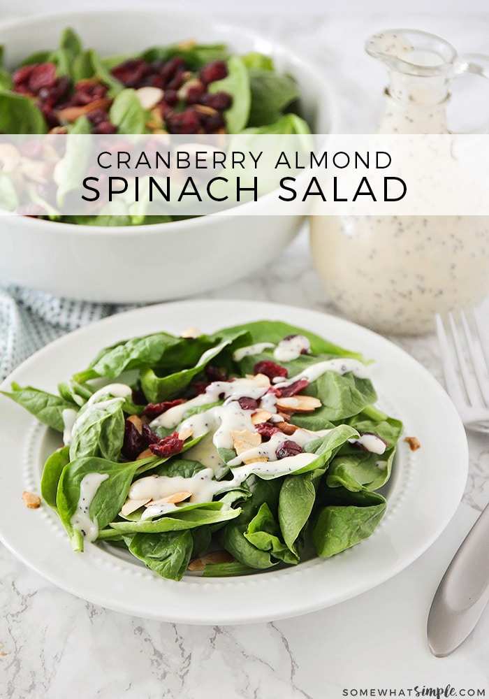 This spinach salad with cranberries and almonds is one of my favorite summer dishes! Topped with a homemade poppy seed dressing, it's a fresh and healthy meal that's easy to make!  via @somewhatsimple