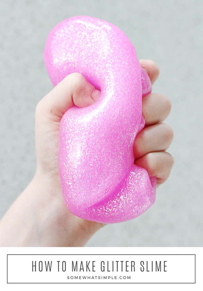 Three ingredients, no cleaning chemicals, and no food coloring! Here is how to make slime that is safe for kids and a ton of fun!!! #slime #slimerecipe #easyslimerecipe #slimevideo #howtomakeslime #glitterslime via @somewhatsimple