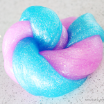 Blue and pink sparkly slime twisted together made with this easy homemade slime recipe.