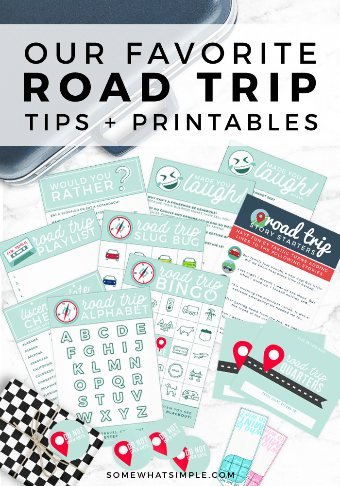 The difference between a good road trip and a bad one is how happy the children are in the back seat! Here are some road trip tips and fun vacation printables that have saved our family!! #roadtrip #travel #family #traveltips via @somewhatsimple