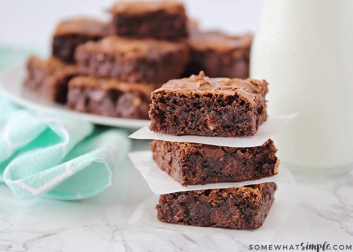 stack of chocolate fudgy brownies made using this easy brownie recipe