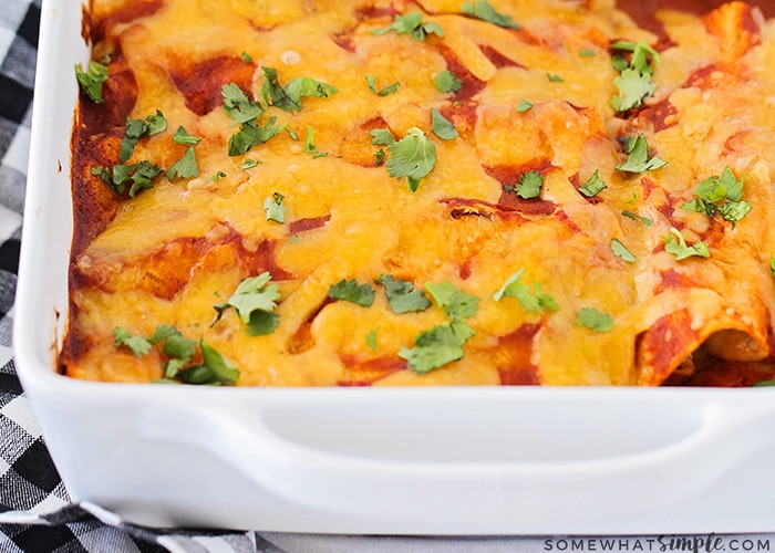 a pan of baked red enchiladas