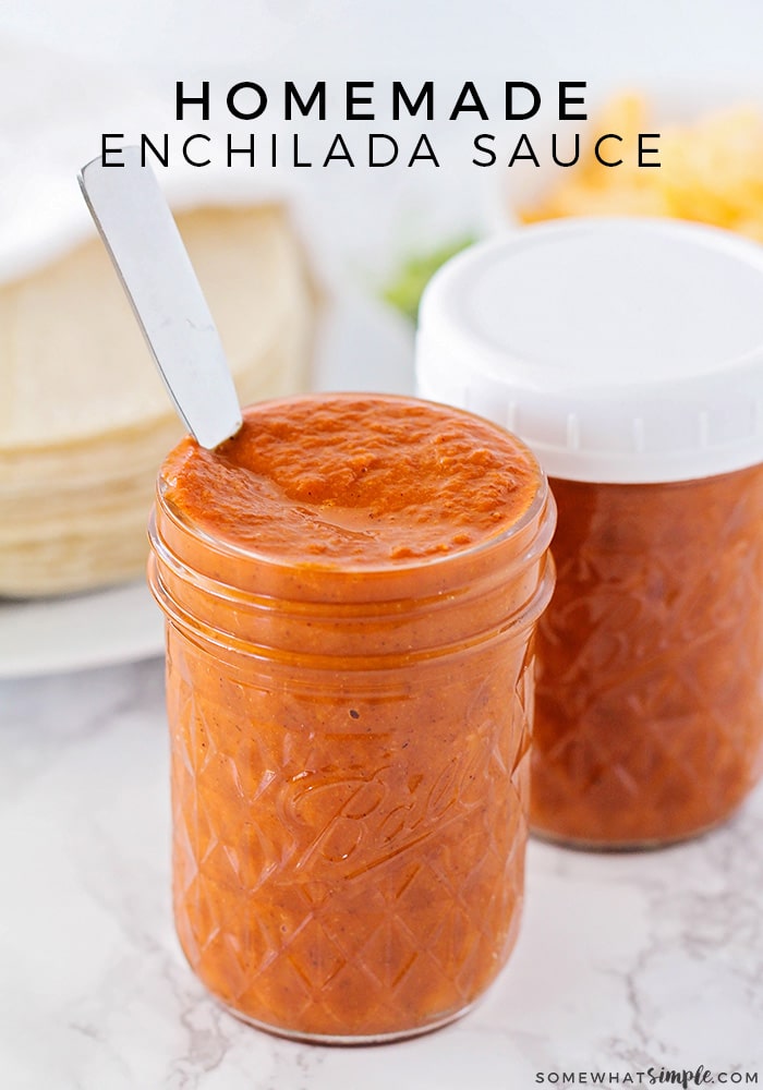 jars of freshly made red enchilada sauce