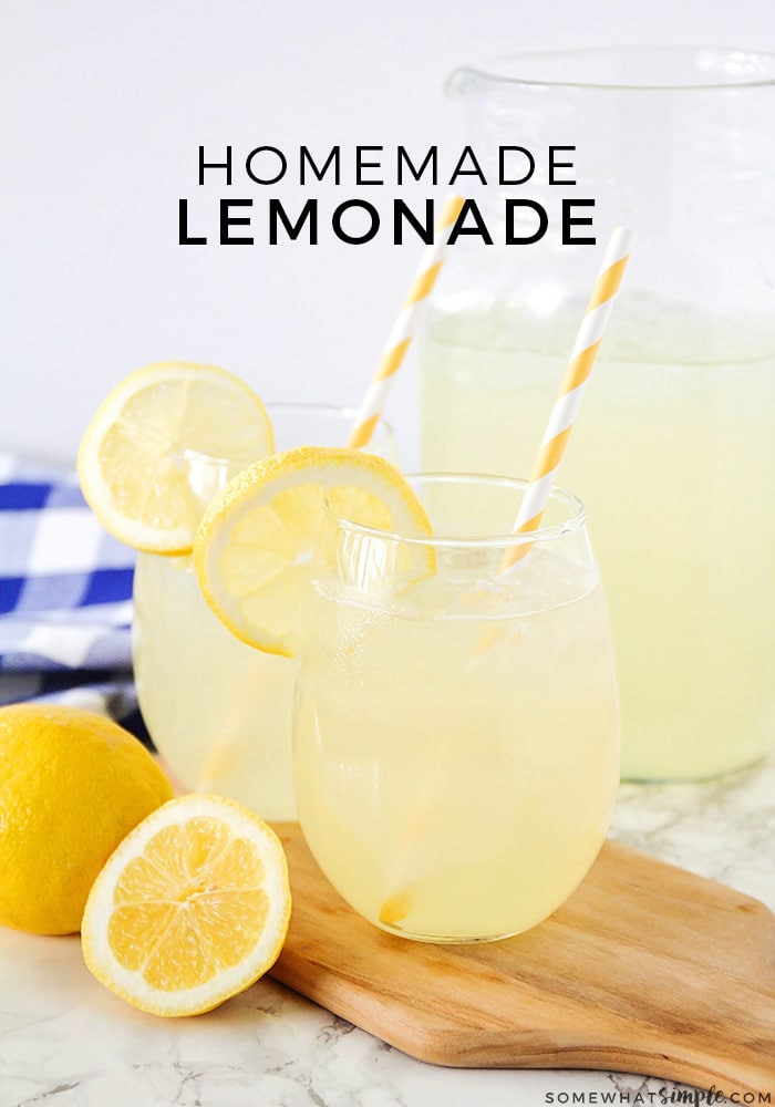 This homemade lemonade recipe delicious, refreshing and super easy to make.  Made with fresh lemons and two other simple ingredients, it's the perfect drink to enjoy this summer! #lemonade #lemonaderecipe #homemadelemonade #easylemonaderecipe #besthomemadelemonade via @somewhatsimple