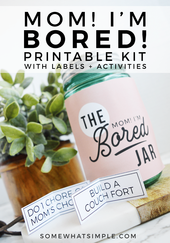 Keep summer boredom at bay with the “Mom I’m Bored” Jar! Any time your kids say they're bored they can pick an activity from the bored jar. It could be something fun or it could be a chore. It'll make them think twice before saying they're bored! #summer #printable #activities #kidsactivities #kidscraft via @somewhatsimple