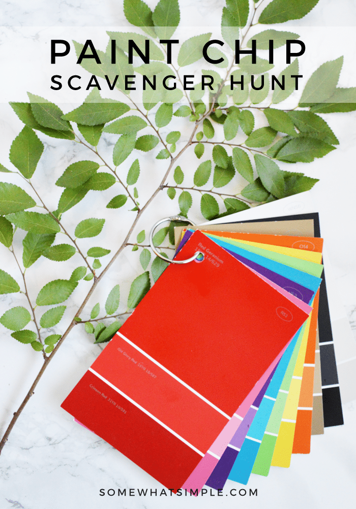 Get ready to explore the great outdoors! A Paint Chip Scavenger Hunt for Kids is such a fun way to beat summer boredom! #scavengerhunt #paintchip #activities #summer #outdoor via @somewhatsimple