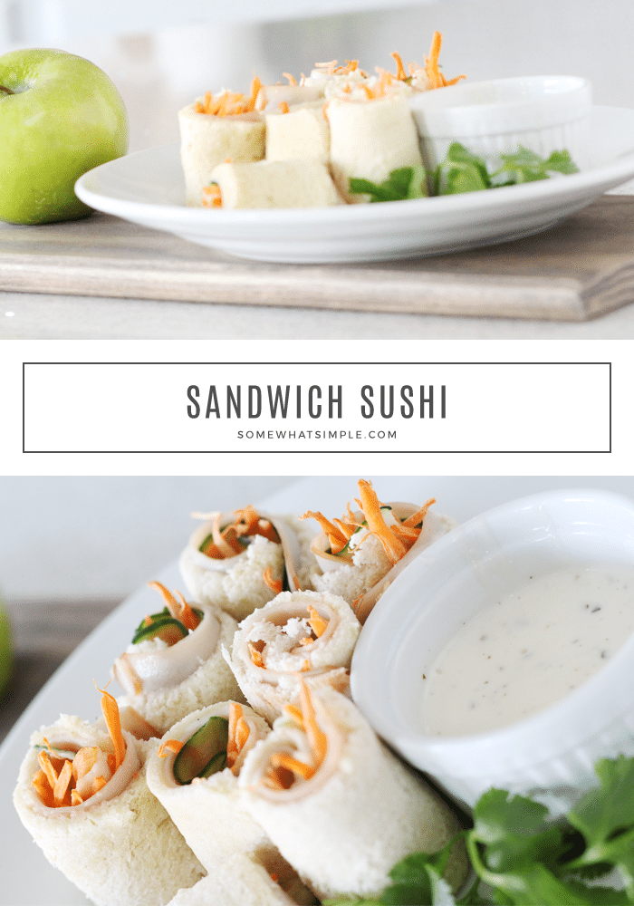 Sandwich sushi rolls are a fun twist on a classic lunch.  Made with lunch meat and fresh vegetables, then rolled up to look like sushi.  These faux sushi rolls are a simple and healthy lunch your kids will love! #lunch #sandwichsushi #fauxsushi #sandwichsushirecipe #howtomakesandwichsushi via @somewhatsimple