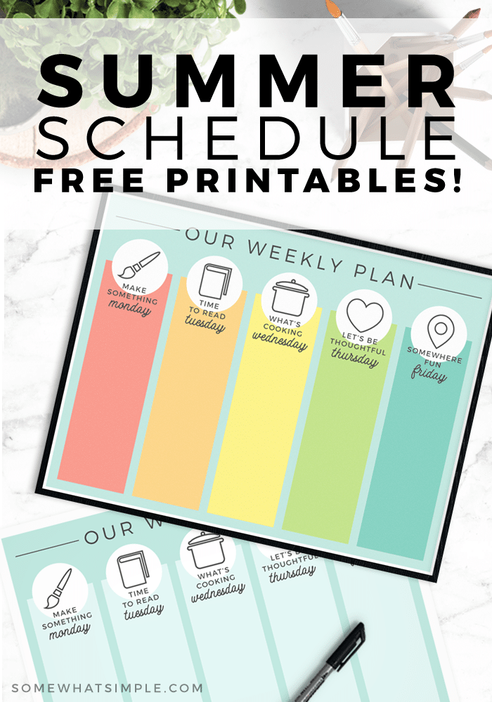 Entertaining kids while they're home during the summer can sometimes be challenging.  That's why I came up with this fun, free daily summer schedule printable for kids to give us something enjoyable we can do together each day! #summerschedule #summerscheduleforkids #dailysummerscheduleforkids #kidssummerscheduletemplate #dailysummerscheduleprintable via @somewhatsimple