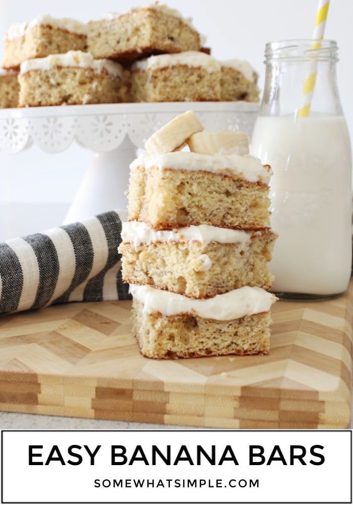 Topped with an amazing cream cheese frosting, these banana bars are the best you'll ever have.  Made with fresh bananas and a few simple ingredients, this easy recipe is both fluffy and moist! #bananabars #bananabarsrecipe #bananabarswithcreamcheesefrosting #easybananabarsrecipe #bananabarswithsourcream via @somewhatsimple