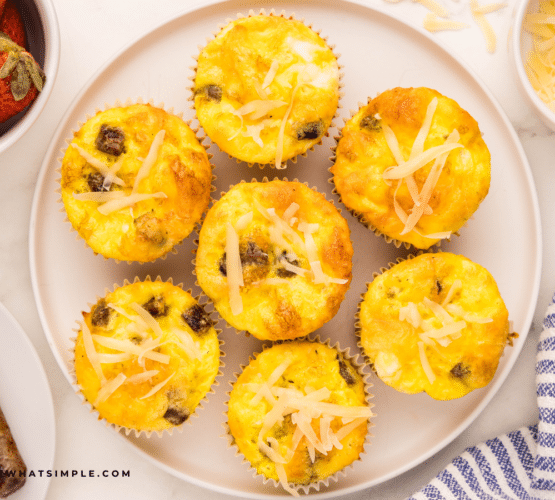 overhead shot of breakfast cupcakes on a white plate