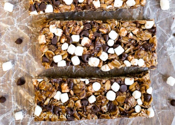 looking down on three homemade granola bars that make a quick camping breakfast idea