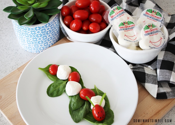 caprese bites made with cherry tomatoes and mozzarella balls forming a caterpillar on a bed of lettuce