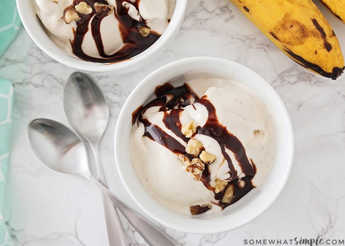 looking down on two bowls filled with this homemade banana ice cream recipe