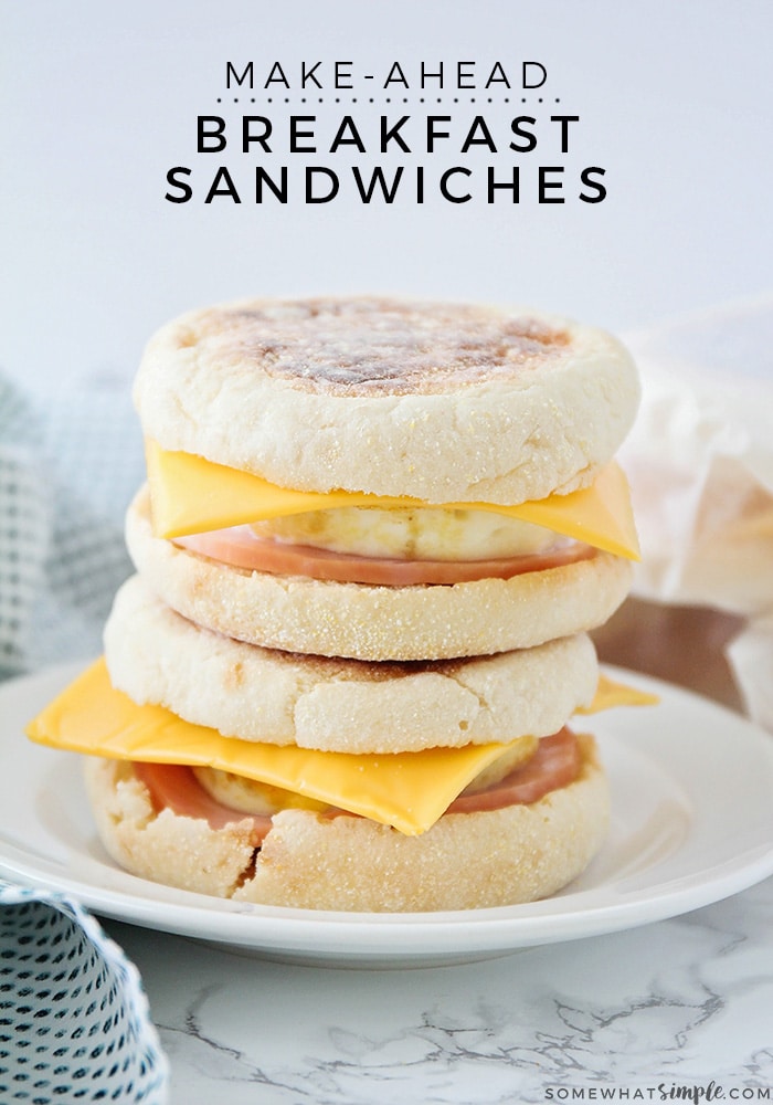 These delicious and filling make ahead breakfast sandwiches are the perfect way to save time on a busy morning! Made with an English muffin, eggs, meat and cheese, these sandwiches can be cooked once, and then you can enjoy them all week! #breakfastsandwiches #makeaheadbreakfast #breakfasteggsandwich #breakfastsandwichmealprep #freezerbreakfastsandwich via @somewhatsimple