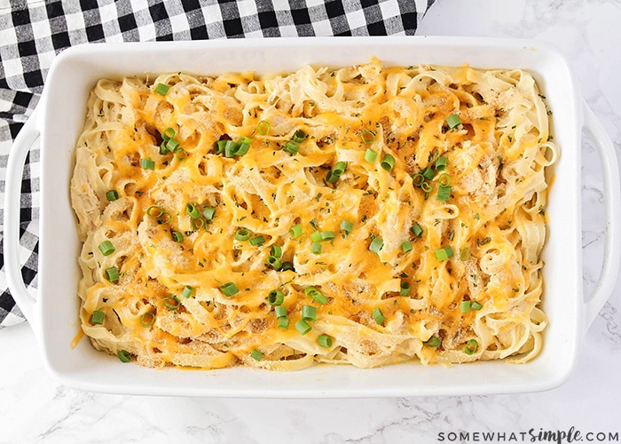 best chicken tetrazzini just finished baking in the oven with diced green onions sprinkled on top