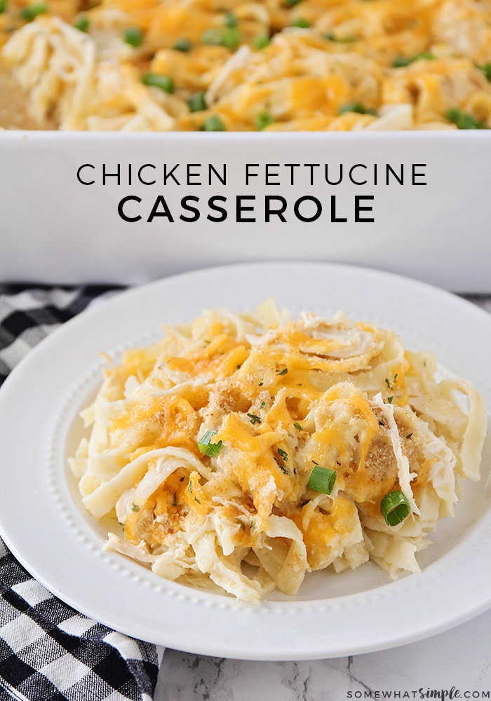 This chicken tetrazzini recipe is an easy family dinner that tastes delicious!  This simple fettuccine casserole recipe is easy to make and perfect for those nights when you need an easy dinner idea. #chickentetrazzini #chickentetrazzinirecipe #easychickentetrazzini #chickenfettucine #chickenfettucinecasserole #howtomakechickentetrazzini #freezermeal via @somewhatsimple