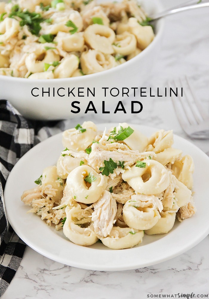 If you're like me and on the hunt for a cool, fresh salad to serve your family for dinner tonight, this Chicken Tortellini Salad is a great option. It is filling and delicious and can't be any easier to make! #salad #tortellini #freshsalad #filling #dinner via @somewhatsimple