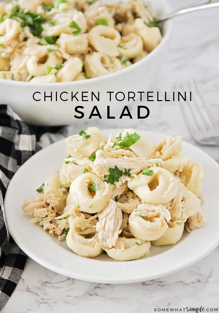 If you're like me and on the hunt for a cool, fresh salad to serve your family for dinner tonight, this Chicken Tortellini Salad is a great option. It is filling and delicious and can't be any easier to make! #salad #tortellini #freshsalad #filling #dinner via @somewhatsimple