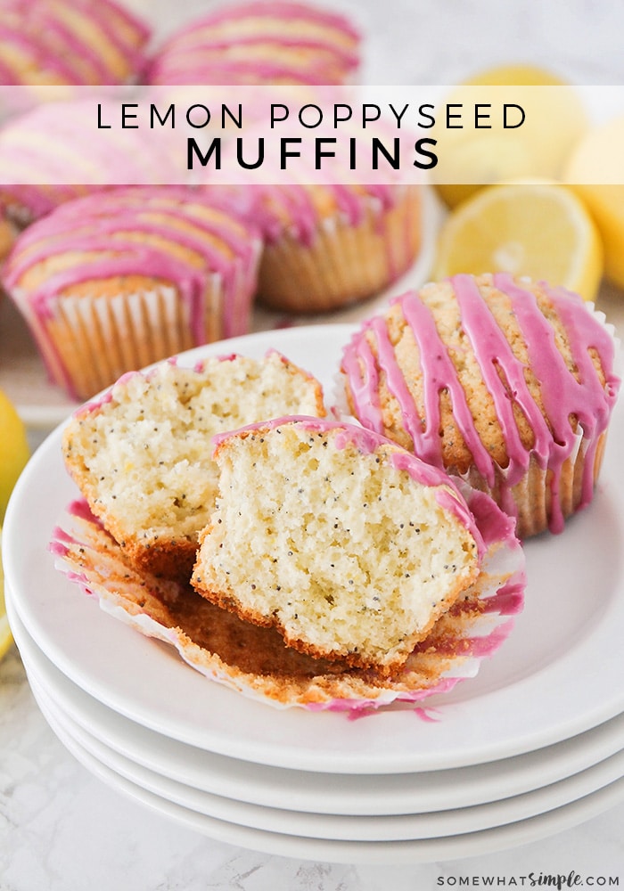 These Lemon Poppyseed Muffins are light, fluffy and perfectly sweet! They have just the right amount of tartness from the lemon zest and the blueberry glaze will knock your socks off! #muffins #muffinrecipe #easybreakfast #brunch #lemonpoppyseedmuffins #lemon #poppyseed  via @somewhatsimple