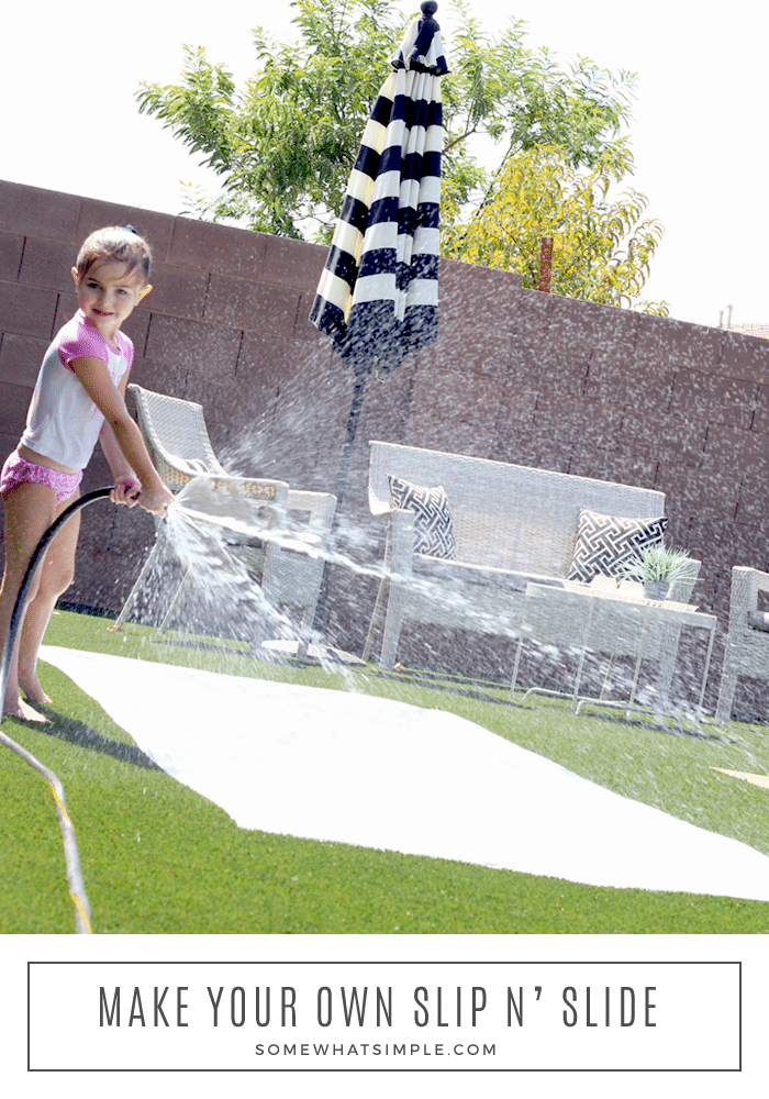 How To Make Your Own Slip and Slide - Summer Hack for Moms! Ready to have some fun outside? We're going to show you how to make your own slip and slide- it doesn't get any easier (and budget-friendlier) than this! #momhack #summerhack #summerfun #summeractivities #justforkids #kidsactivities #slipandslide #homemadeslipandslide #diyslipandslide via @somewhatsimple