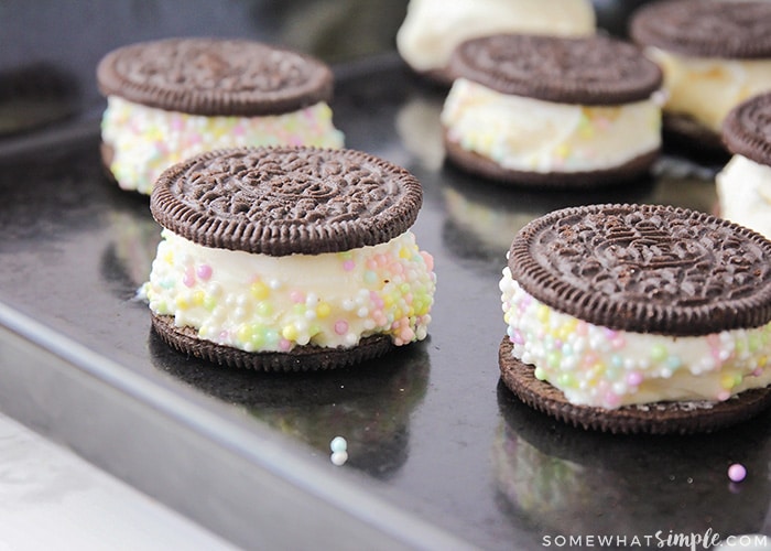 mini DIY ice cream cookie sandwiches on a tray