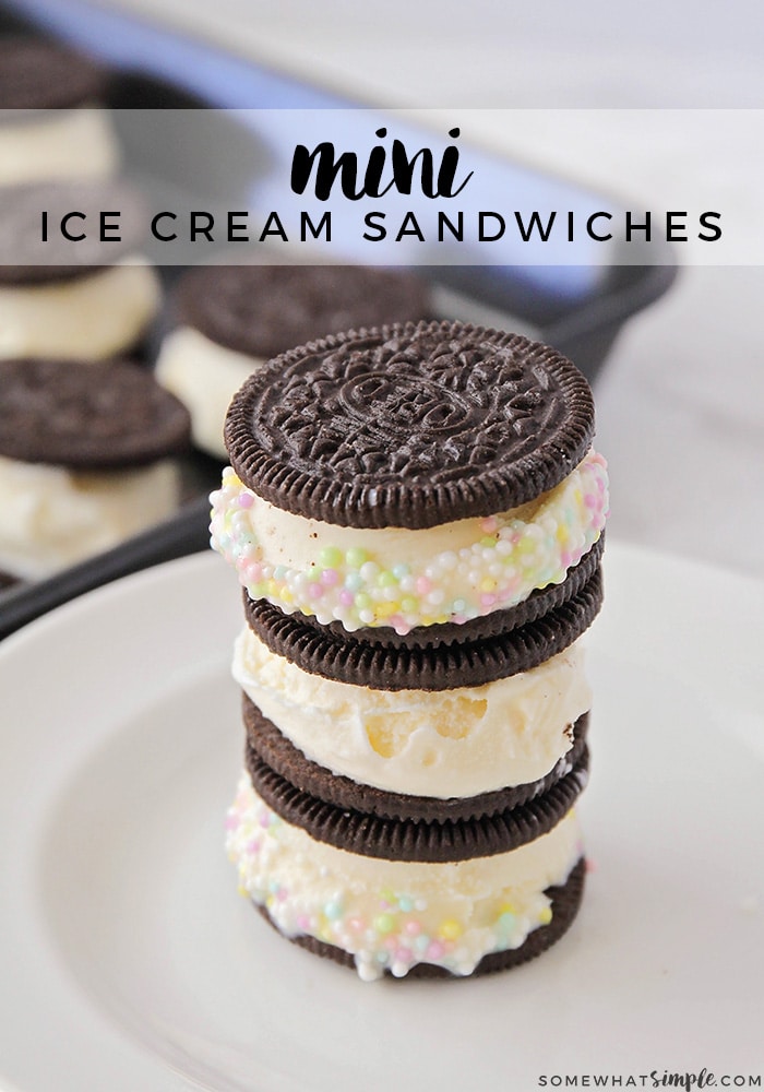 A homemade Oreo ice cream cookie sandwich is easy to make and it is completely delicious!  These mini Ice cream sandwiches are creamy and refreshing and they totally satisfy my sweet tooth. #oreoicecreamsandwich #icecreamsandwich #cookieicecreamsandwich #icecreamsandwichcookies #icecreamsandwichrecipe via @somewhatsimple