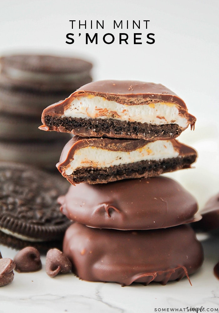 Ready for a thin mint recipe that will knock your socks off? These Thin Mint S'mores taste just like a Thin Mint Girl Scout Cookie, only they're stuffed with a golden, toasty marshmallow.  Does it get any better?  I think not. #thinmints #girlscoutcookies #thinmintrecipe #homemadethinmints via @somewhatsimple