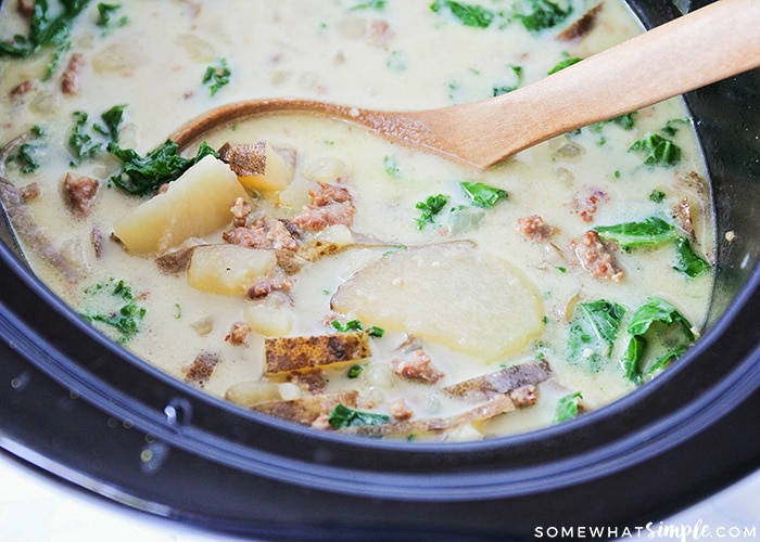 a slow cooker filled with this copycat zuppa toscana recipe