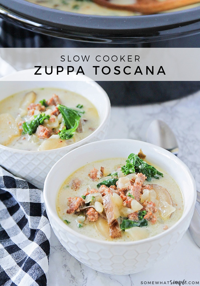 This easy Zuppa Toscana copycat recipe will let you enjoy the flavors of the Olive Garden from the comfort of your own home! Made with fresh vegetables and sausage, this soup is unbelievably delicious! Place everything in the crock pot and then relax until dinner is ready! #olivegardenzuppatoscanacopycatrecipe #zuppatoscanasoup #zuppatoscanasouprecipe #crockpotzuppatoscanasouprecipe #olivegardenzuppatoscanasouprecipe via @somewhatsimple