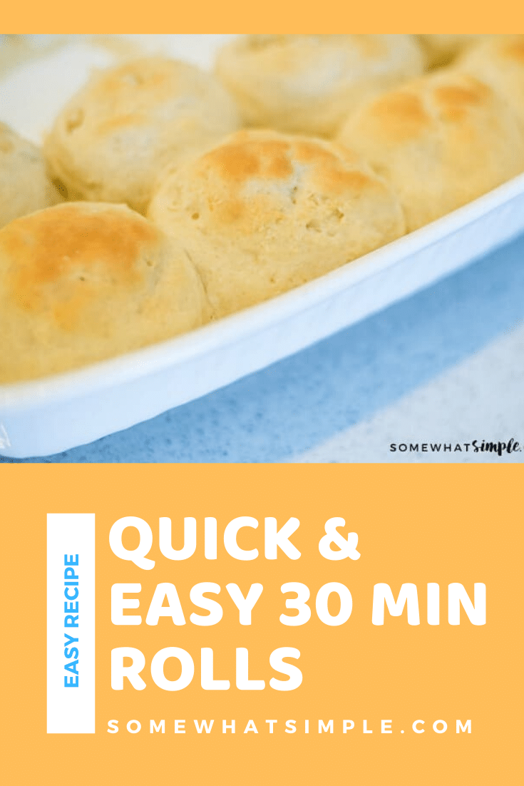 These 30 minute dinner rolls are easy to make and are ready in no time!  Made from scratch, they turn out light and fluffy every time and taste incredible! #bread #easydinnerrollsrecipe #30minutedinnerrolls #quickdinnerrolls #dinnerrollsfromscratch #easybreadrecipe via @somewhatsimple