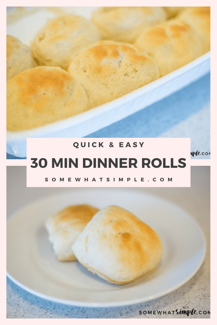 These 30 minute dinner rolls are easy to make and are ready in no time!  Made from scratch, they turn out light and fluffy every time and taste incredible! #bread #easydinnerrollsrecipe #30minutedinnerrolls #quickdinnerrolls #dinnerrollsfromscratch #easybreadrecipe via @somewhatsimple