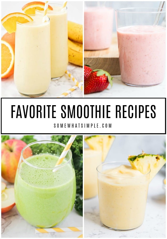 Smoothie lovers, this one is for you! Today we are sharing our very favorite smoothie recipes that are perfect for breakfast, lunch, or an afternoon snack! With 10 different options to choose from, there's something for everyone! Made with fresh fruits like pineapple, banana, orange and peaches, these smoothies are healthy and delicious. Each recipe is easy to make and tastes amazing!#smoothies #smoothierecipes #fruitsmoothies #easysmoothierecipes #drinkrecipes #healthysmoothies via @somewhatsimple