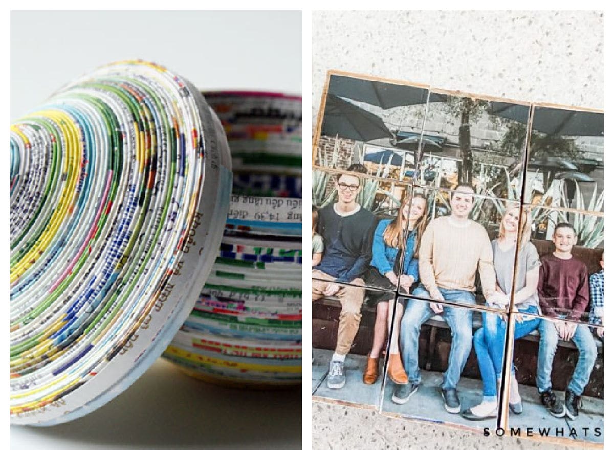 2 projects made using mod podge - a family puzzle and a paper pot