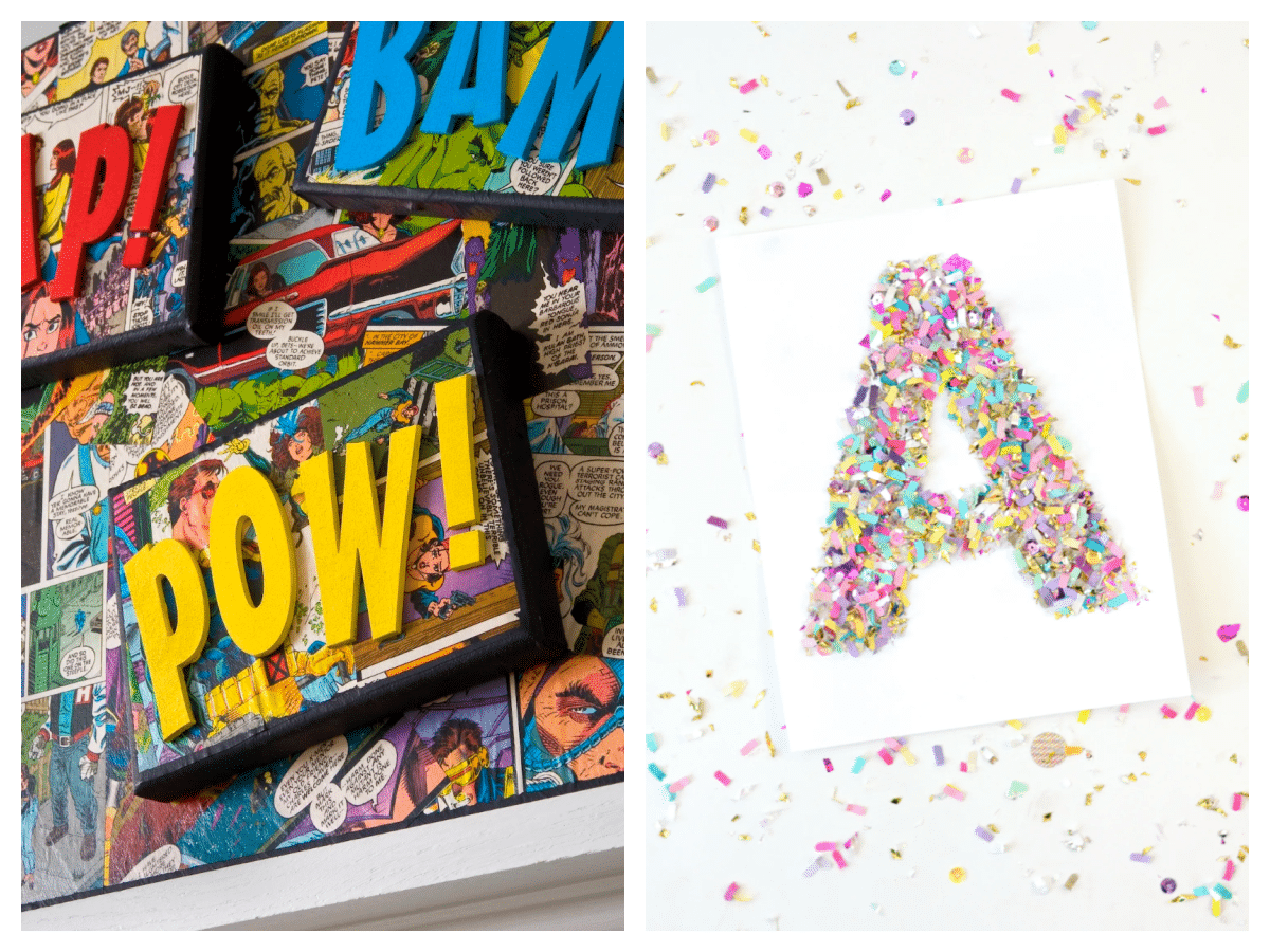 mod podge comic book decor and a confetti monogram