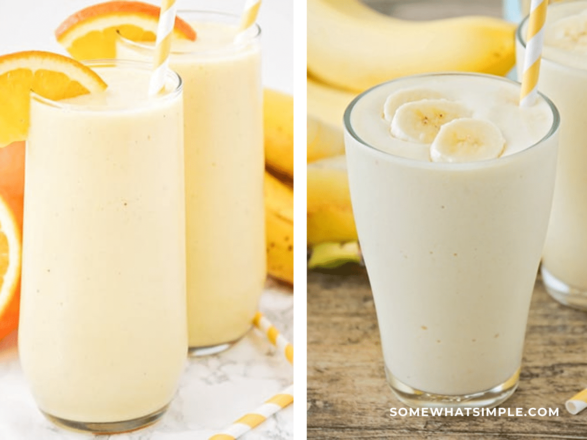 Collage of 2 smoothie recipes: orange and banana