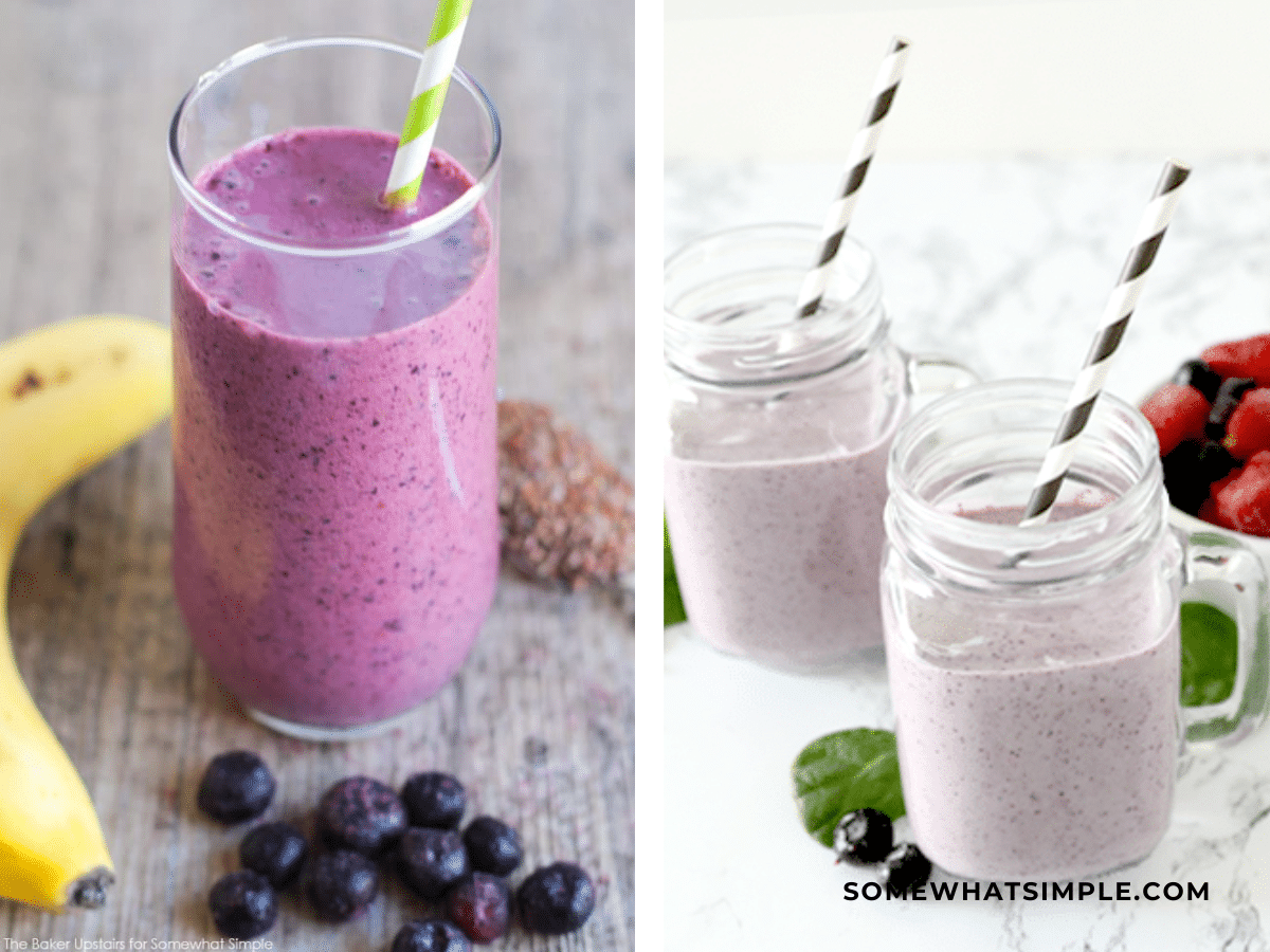 Collage of 2 smoothie recipes: pomegranate and a breakfast smoothie