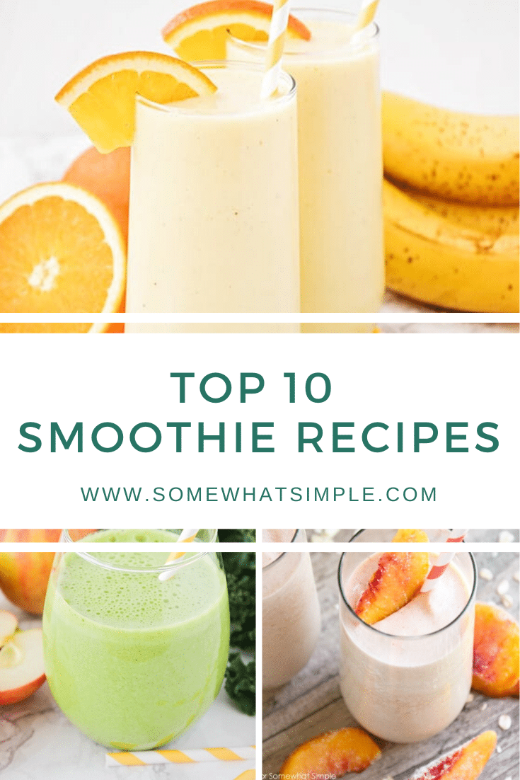 Smoothie lovers, this one is for you! Today we are sharing our very favorite smoothie recipes that are perfect for breakfast, lunch, or an afternoon snack! With 10 different options to choose from, there's something for everyone! Made with fresh fruits like pineapple, banana, orange and peaches, these smoothies are healthy and delicious. Each recipe is easy to make and tastes amazing!#smoothies #smoothierecipes #fruitsmoothies #easysmoothierecipes #drinkrecipes #healthysmoothies via @somewhatsimple