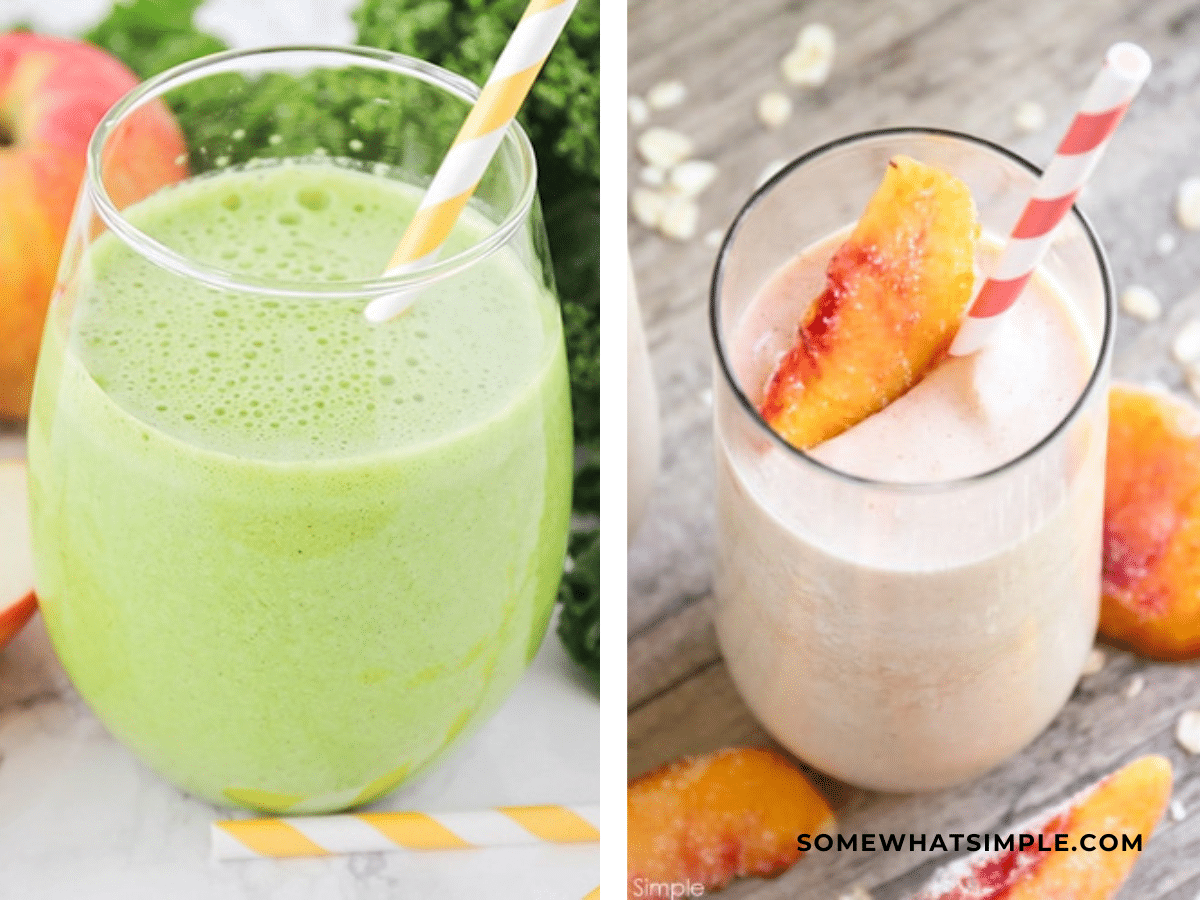 Collage of 2 smoothie recipes: green smoothie and peach smoothie