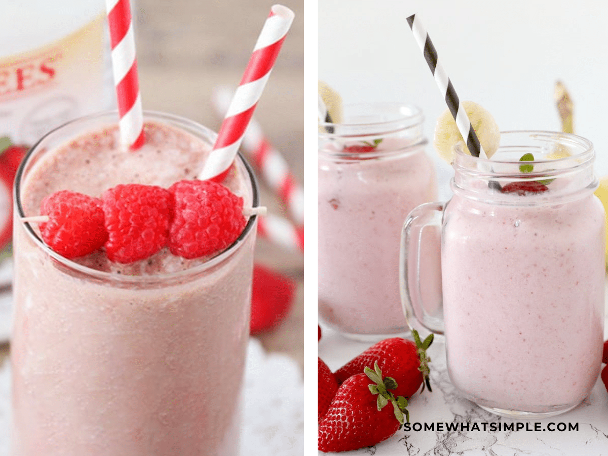 Collage of 2 smoothie recipes: raspberry and strawberry banana