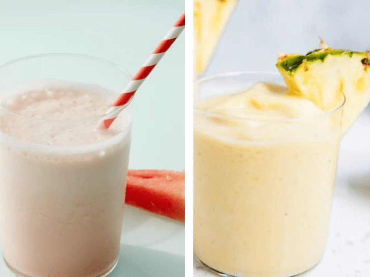 Collage of 2 smoothie recipes: watermelon and pineapple