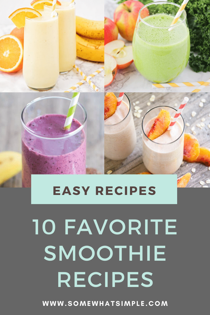 Smoothie lovers, this one is for you! Today we are sharing our very favorite smoothie recipes that are perfect for breakfast, lunch, or an afternoon snack! With 10 different options to choose from, there's something for everyone! Made with fresh fruits like pineapple, banana, orange and peaches, these smoothies are healthy and delicious. Each recipe is easy to make and tastes amazing!#smoothies #smoothierecipes #fruitsmoothies #easysmoothierecipes #drinkrecipes #healthysmoothies via @somewhatsimple