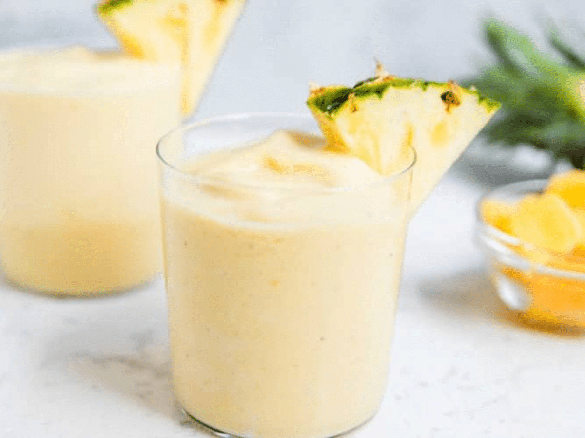 close up of a pineapple smoothie recipe