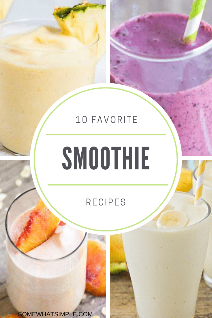 Smoothie lovers, this one is for you! Today we are sharing our very favorite smoothie recipes that are perfect for breakfast, lunch, or an afternoon snack! With 10 different options to choose from, there's something for everyone! Made with fresh fruits like pineapple, banana, orange and peaches, these smoothies are healthy and delicious. Each recipe is easy to make and tastes amazing!#smoothies #smoothierecipes #fruitsmoothies #easysmoothierecipes #drinkrecipes #healthysmoothies via @somewhatsimple