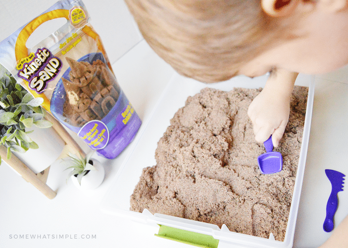 Mini Sensory Bin w/ Kinetic Sand (+ Printables) - Somewhat Simple