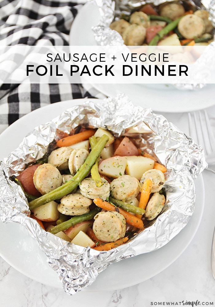 Foil packet dinners with sausage and vegetables is a delicious and hearty meal that’s super easy to make, and even easier to clean up! #easydinner #camping #recipe via @somewhatsimple