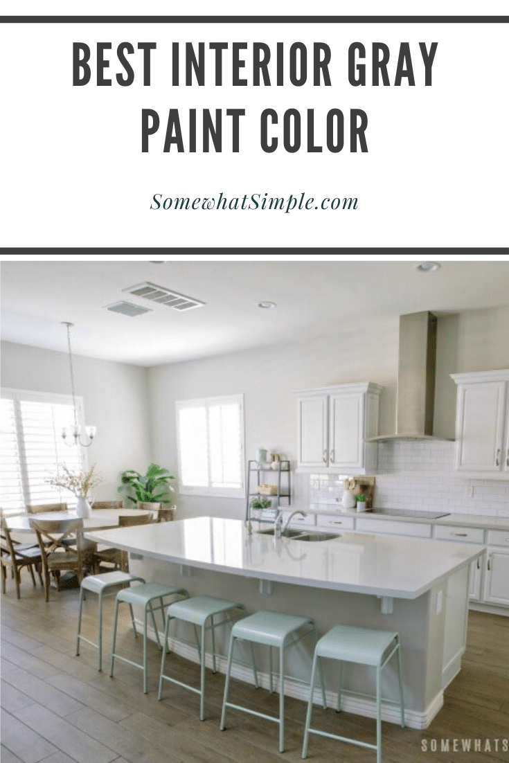 This is the best interior gray paint color you'll ever find. It's perfect for bedrooms, bathrooms, kitchens and family rooms.  If you're struggling to find a true gray paint without any undertones, this post is for you! #bestgraypaintforbedroom #bestgraypaintcolor #graypaintwithoutundertones #dunnedwardsminersdustgraypaint #graypaintcolorforlivingroom via @somewhatsimple