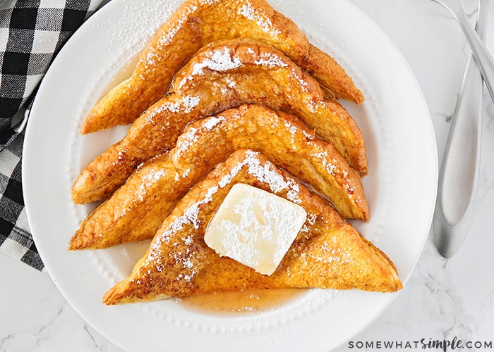 looking down on slice of french toast made with pumpkin spice on a plate