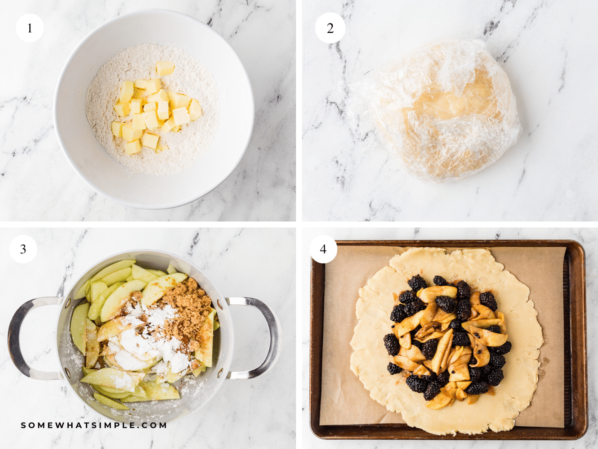 pictured collage of directions to make Blackberry and Apple Galettes